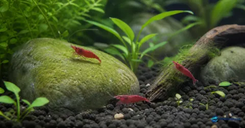 Neocaridina vermelhas a pastar numa pedra com película verde e algas moderadas no aquário