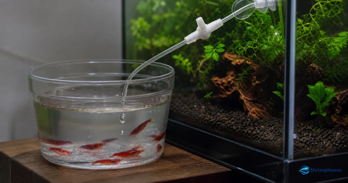 Aclimatação gota a gota de camarões Neocaridina num recipiente junto ao aquário