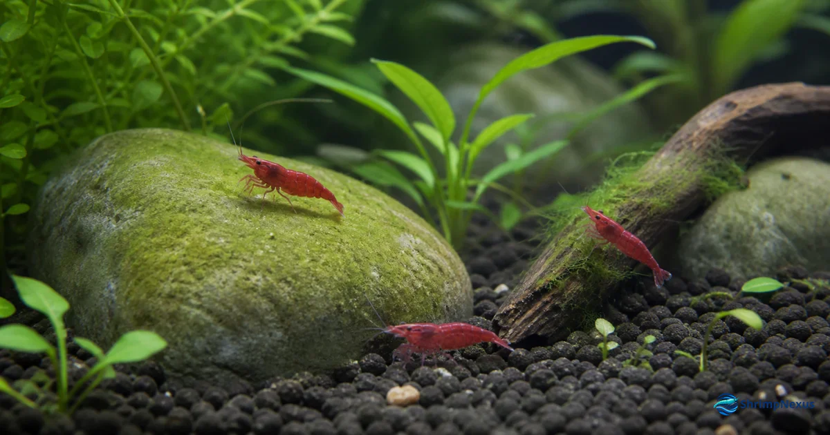 Neocaridina vermelhas a pastar numa pedra com película verde e algas moderadas no aquário
