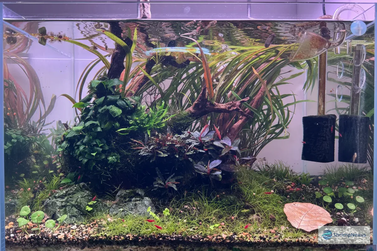 Aquário de camarões plantado com filtro de esponja e iluminação instalada