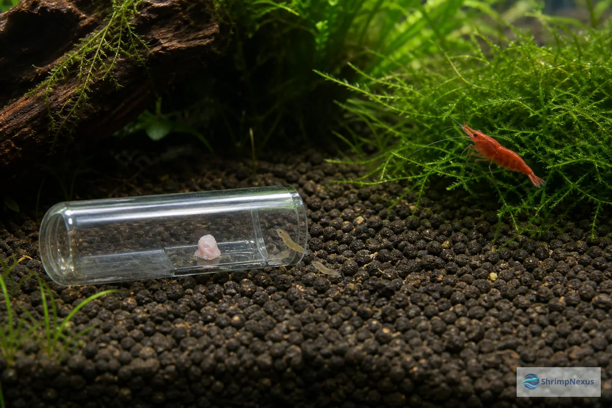 Armadilha de vidro com planárias num aquário de camarões Neocaridina