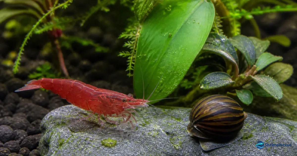 Neocaridina vermelha e caracol Neritina sobre a mesma pedra no aquário