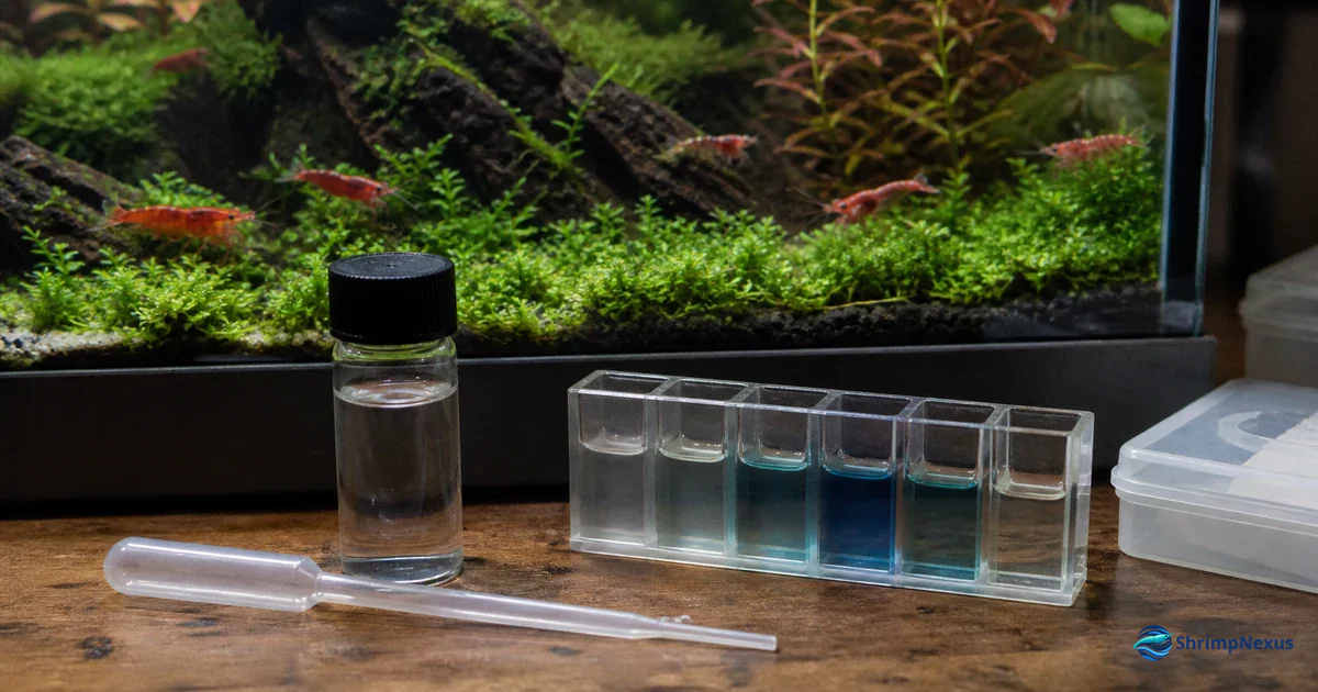 Amostra de água e teste de cobre junto a um aquário com camarões Neocaridina
