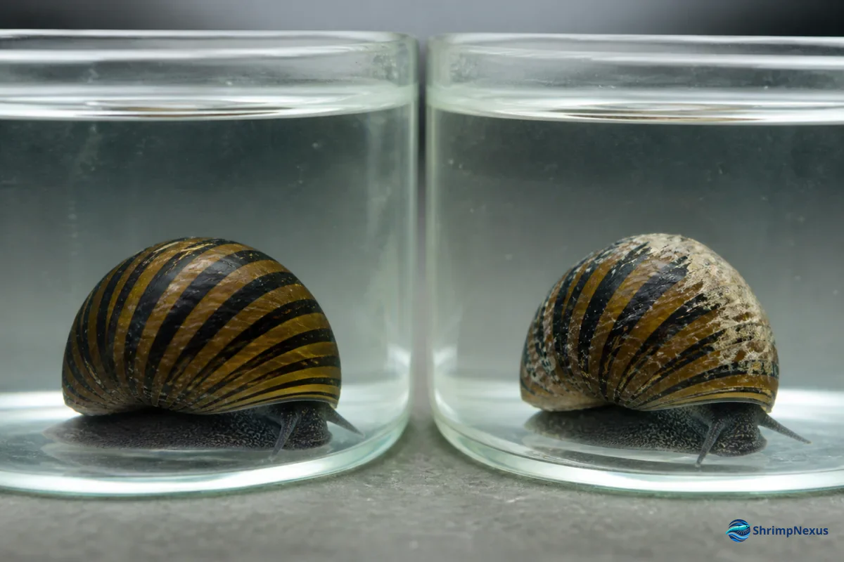 Comparação entre concha íntegra e concha com erosão em caracóis Neritina