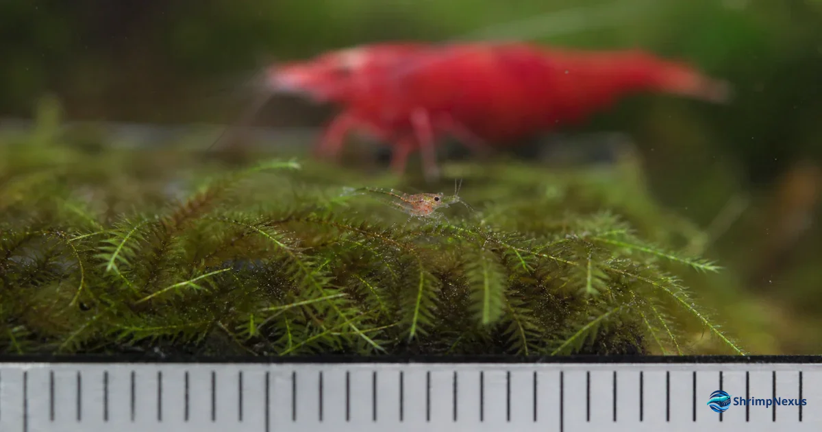 Cria pequena de Neocaridina sobre musgo com referência visual de escala