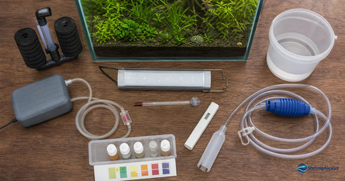 Filtro de esponja, bomba de ar, luz, termómetro e testes para aquário de camarões