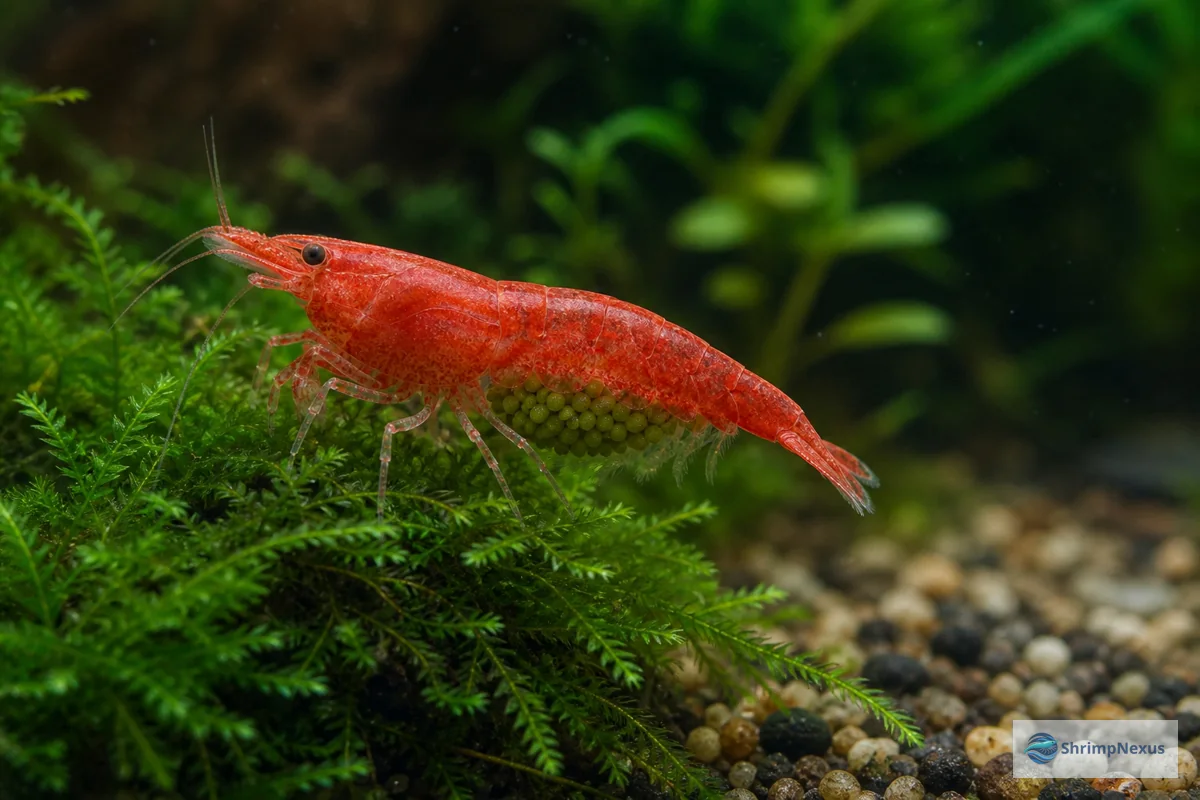 Fêmea Neocaridina ovada com ovos verdes sob o abdómen pousada em musgo