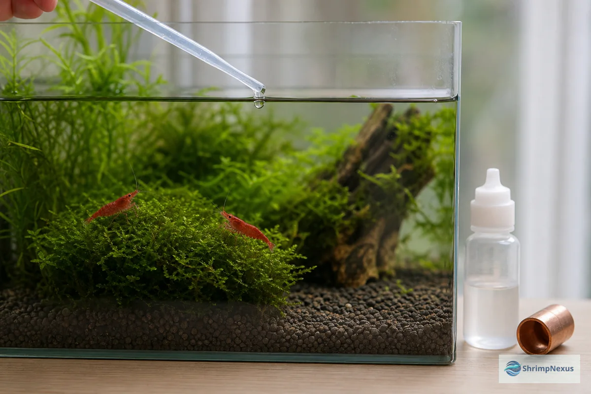 Conta-gotas e peça de cobre junto a um aquário com camarões Neocaridina