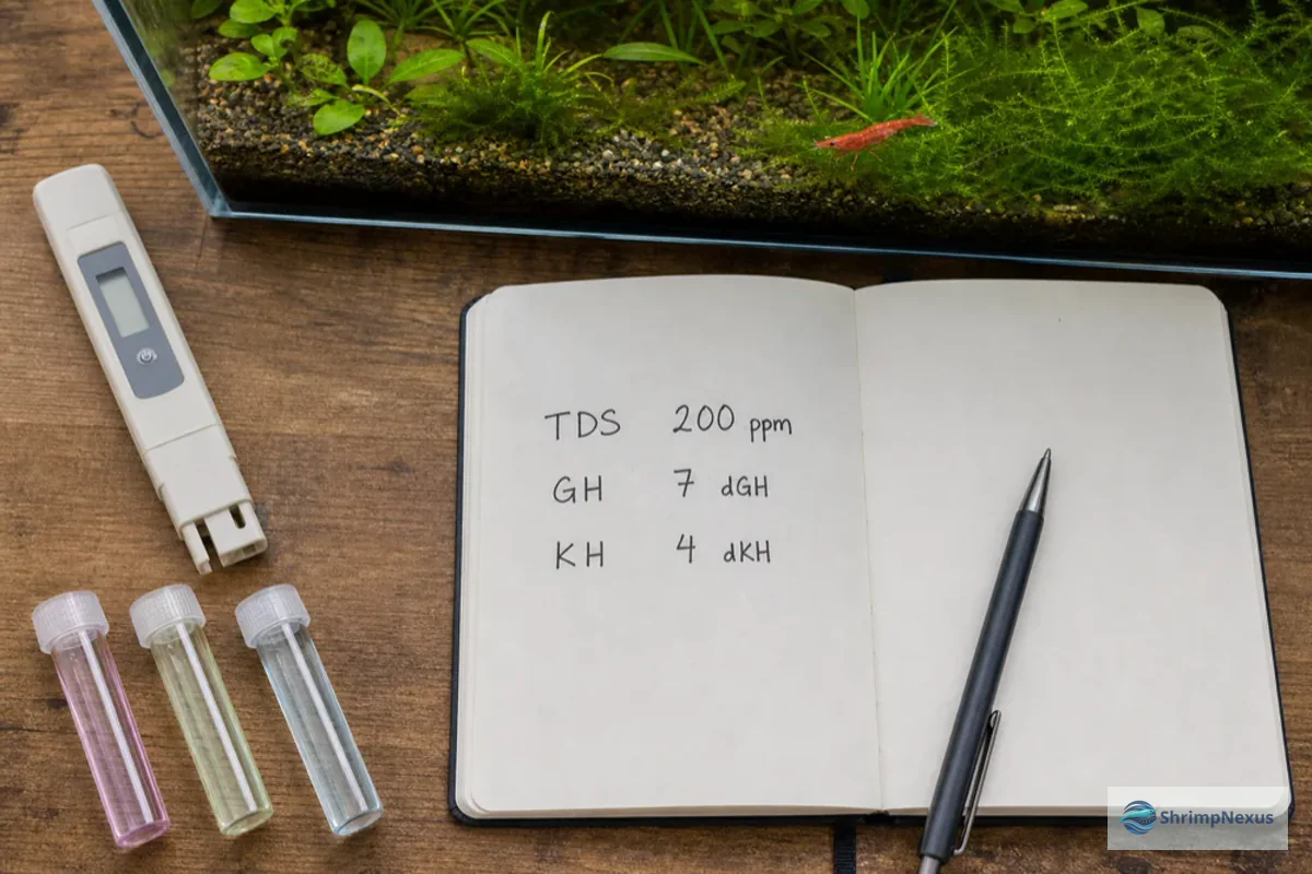 Testes e registo de GH KH e TDS num aquário de camarões Neocaridina