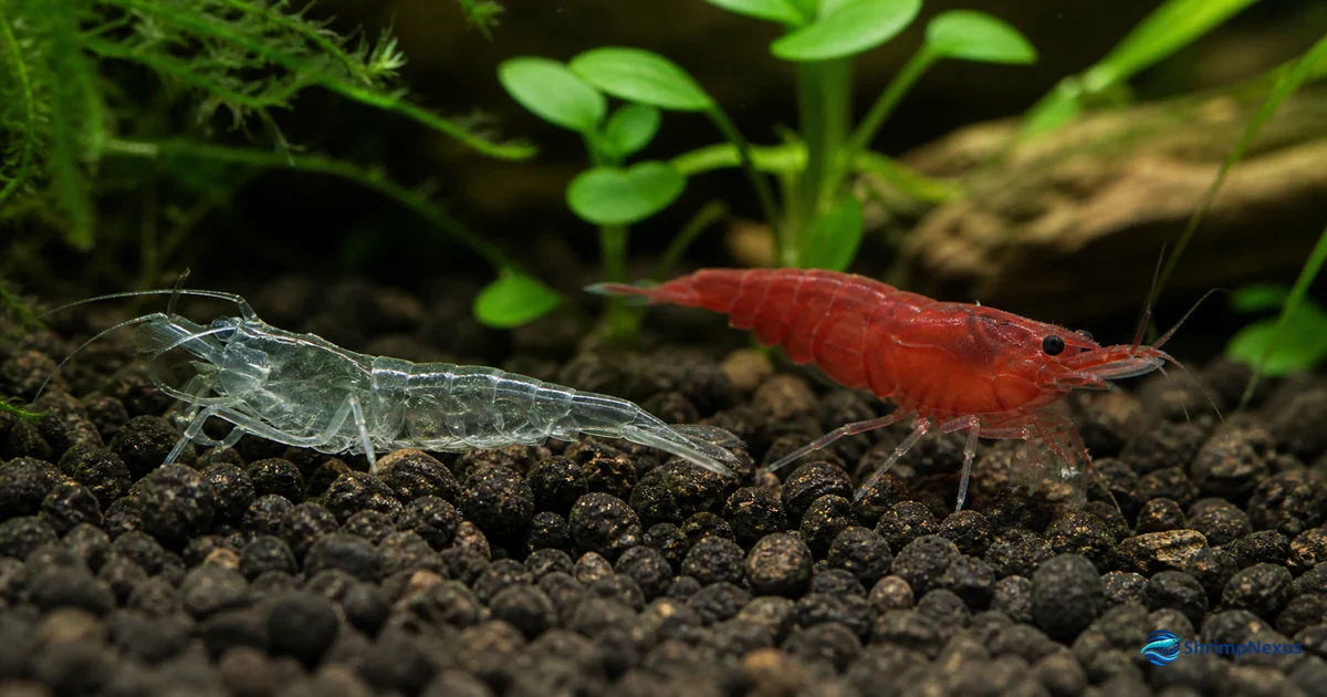 Exúvia transparente de Neocaridina junto a um camarão vivo no aquário