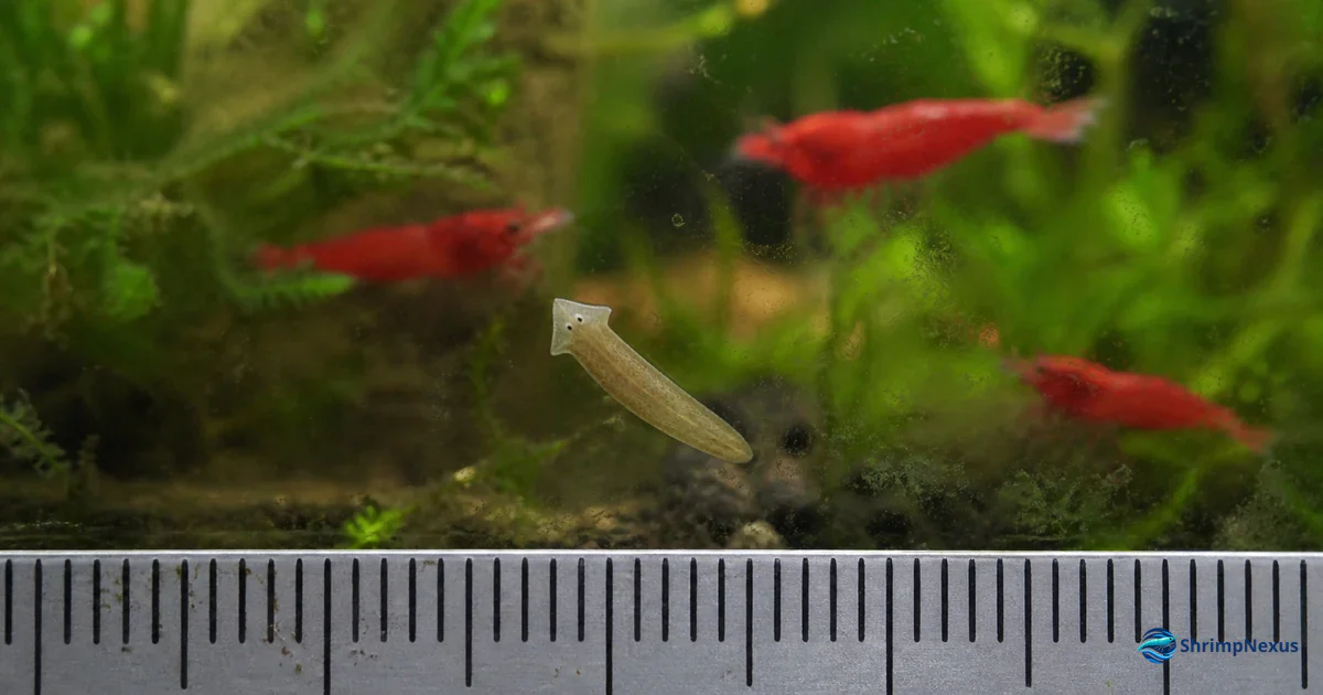Planária no vidro do aquário com cabeça triangular e dois pontos oculares
