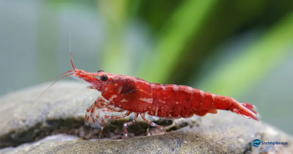Camarão Neocaridina adulto sobre uma pedra num aquário plantado
