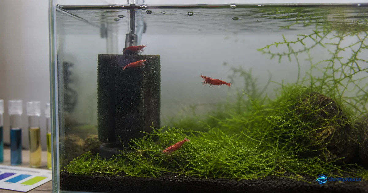 Neocaridina junto à superfície e ao filtro com testes de água ao lado do aquário