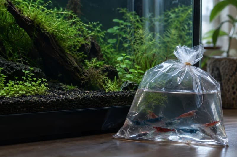 Saco fechado com camarões Neocaridina junto a um aquário plantado