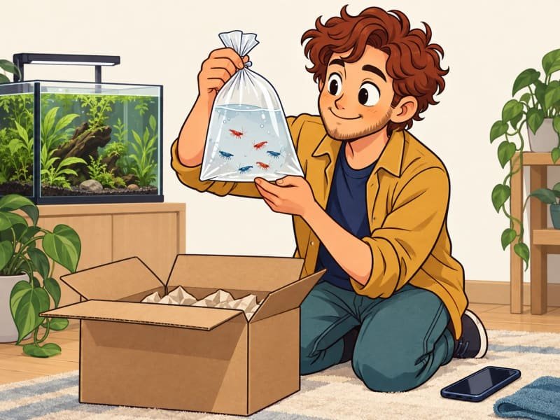 Ilustração de uma pessoa a observar camarões Neocaridina dentro do saco fechado