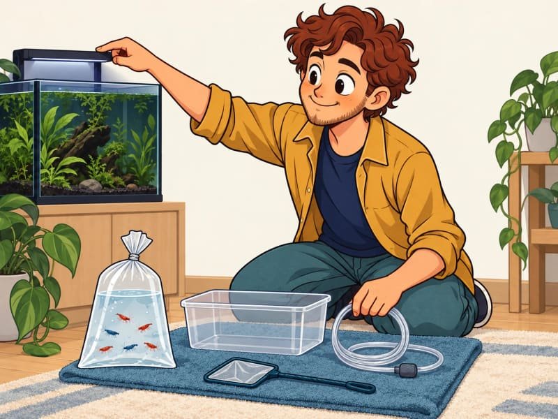 Ilustração de uma pessoa a baixar a luz do aquário e a preparar material limpo