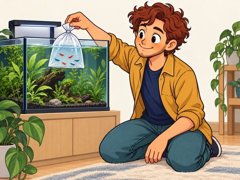 Ilustração do saco fechado a boiar no aquário para aproximar a temperatura