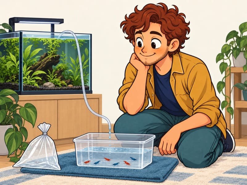 Ilustração da aclimatação gota a gota de camarões Neocaridina