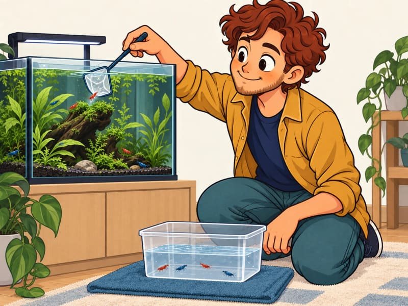 Ilustração de camarões Neocaridina a serem transferidos com uma rede pequena