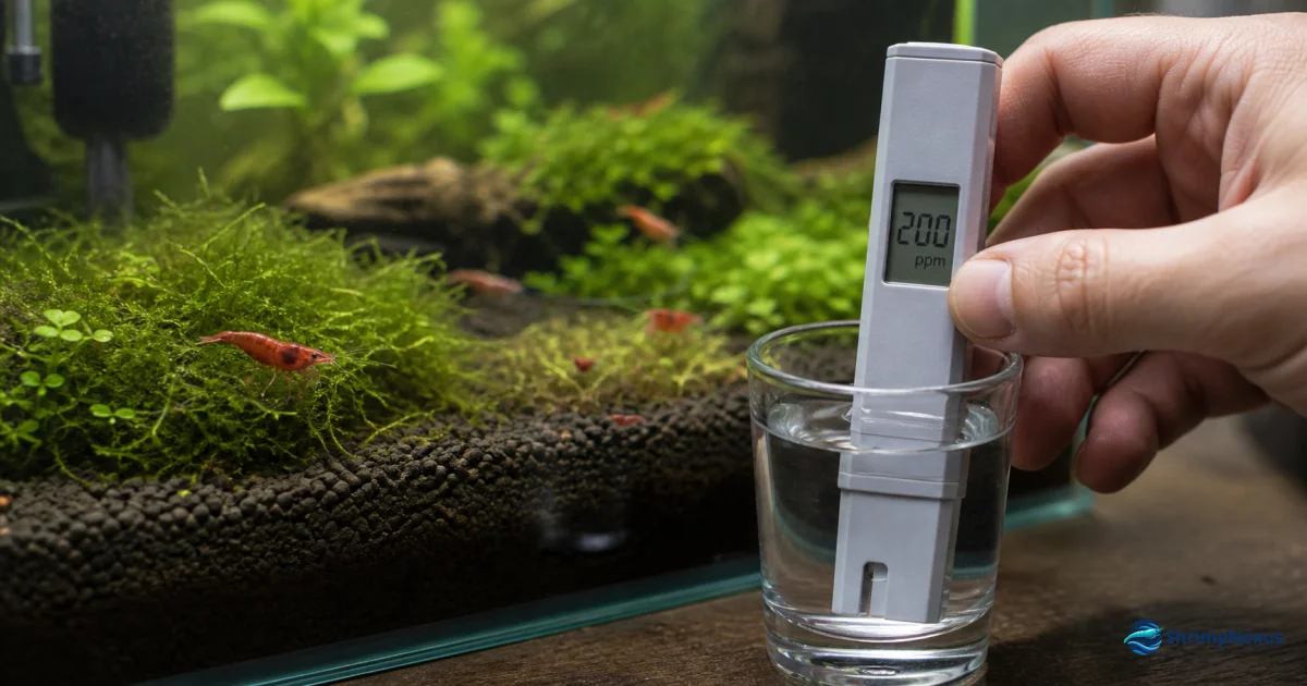 Medidor digital de TDS junto a um aquário de camarões Neocaridina