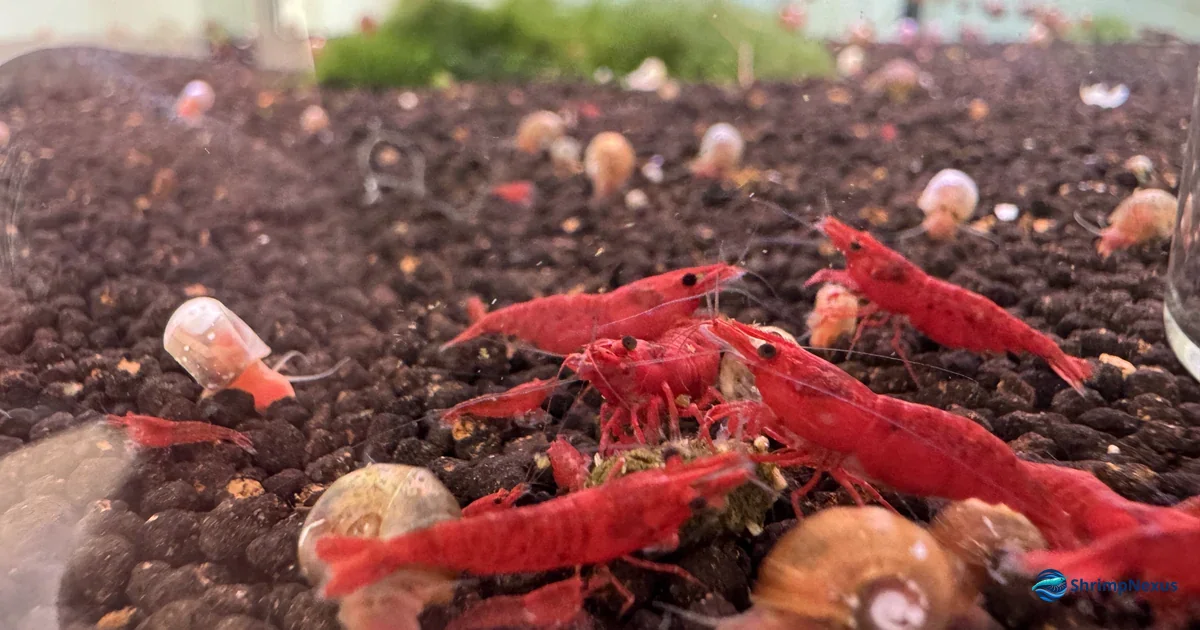 Camarões Neocaridina a alimentarem-se em grupo num aquário plantado