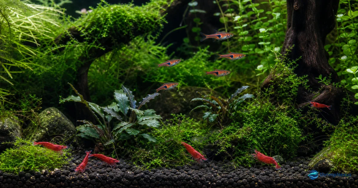 Camarões Neocaridina num aquário plantado com peixes pequenos e pacíficos