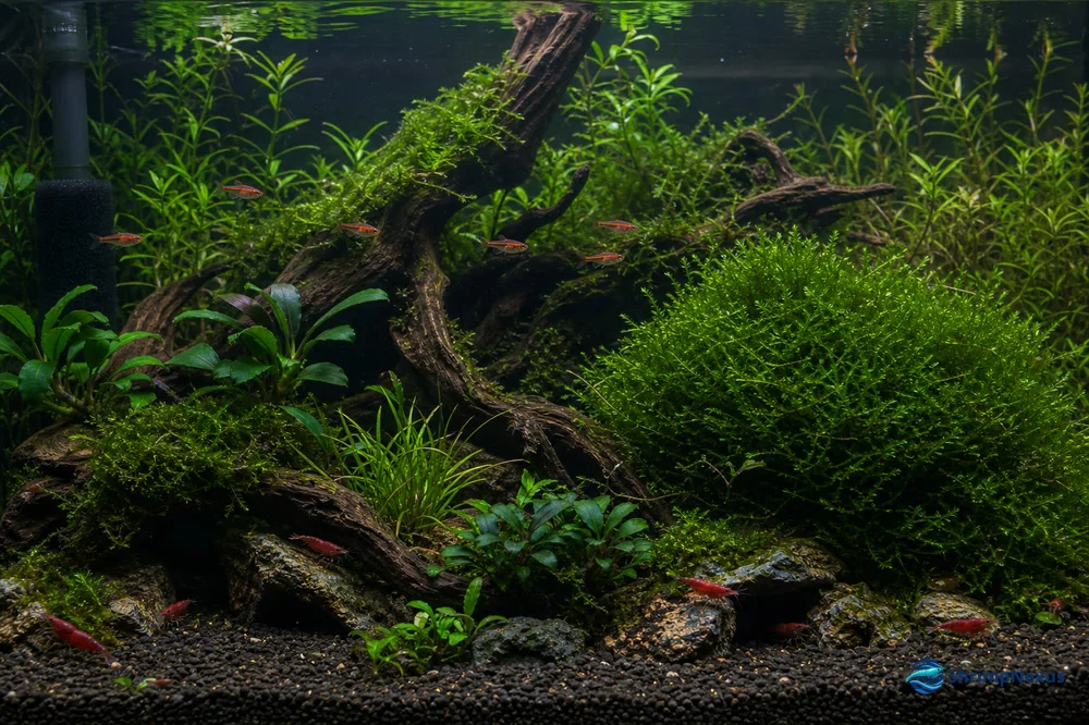 Aquário comunitário plantado com Neocaridina, microrasboras e vários refúgios