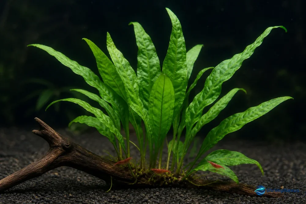 Feto de Java preso a madeira com Neocaridina a mostrar a escala das folhas