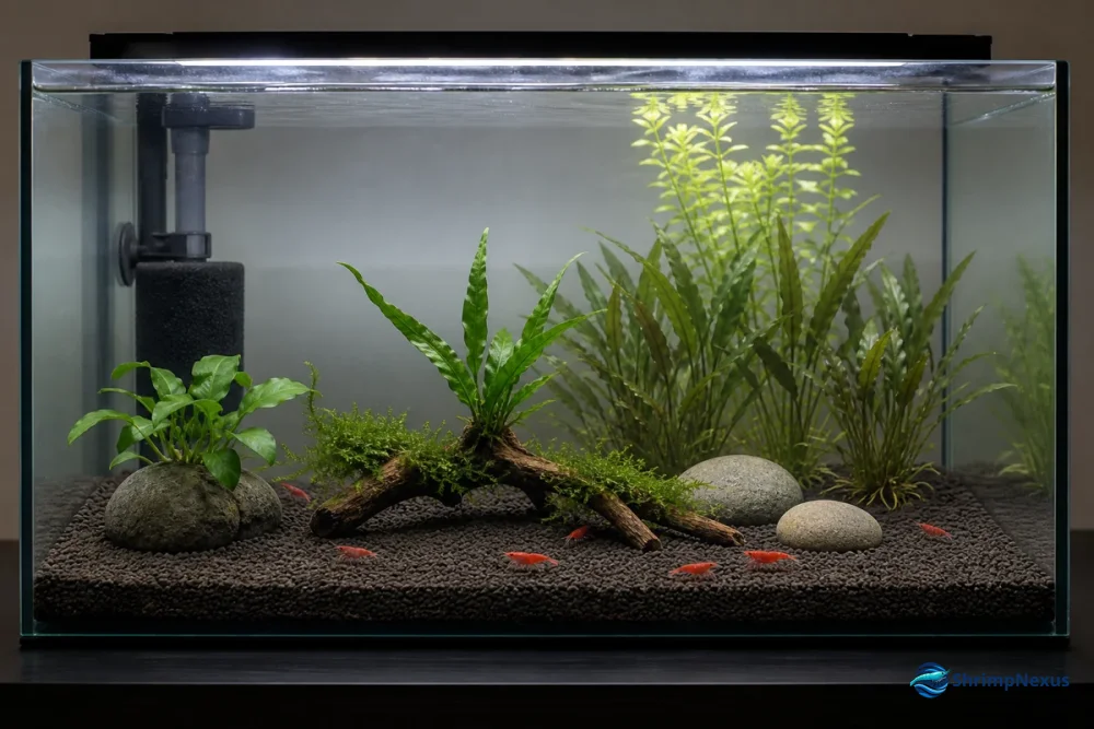 Montagem simples de 25 litros com plantas fáceis, filtro de esponja e Neocaridina