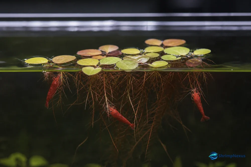 Phyllanthus fluitans à superfície com raízes pendentes e Neocaridina em escala real